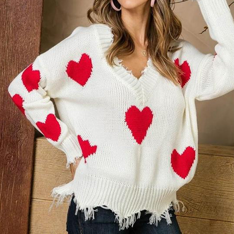 New sweater women's loose pullover love splicing V-neck knitted sweater