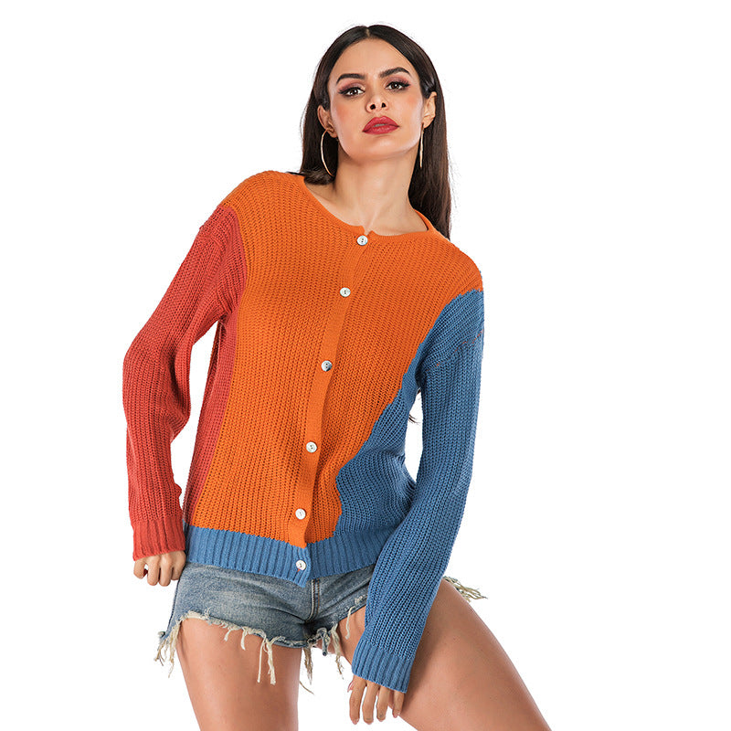 Sweater loose cardigan contrasting colors wear long-sleeved knitted sweater on both sides women