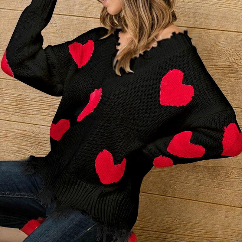 New sweater women's loose pullover love splicing V-neck knitted sweater