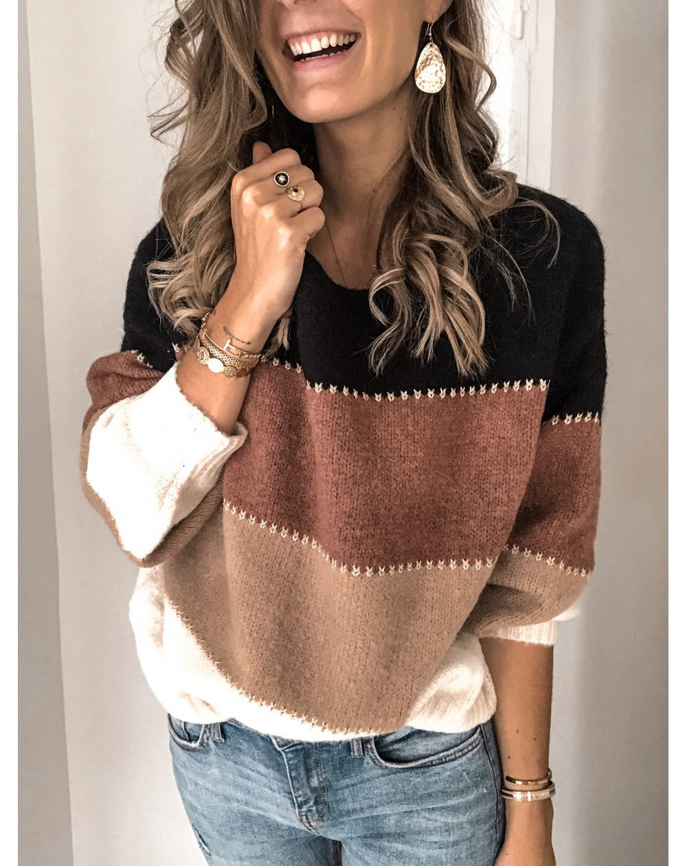 Pullover bottom knitted sweater top, casual contrasting color crew neck sweater women's autumn and winter