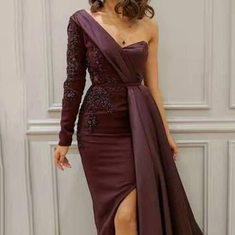 Dress dinner party shoulder temperament split fork and thin large size slim evening dress