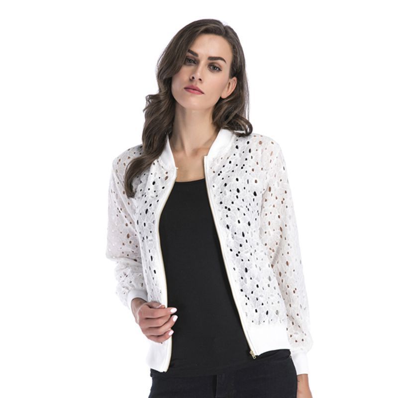 Lace hook-up hollow blouse, zipper cardigan, long-sleeved coat for women