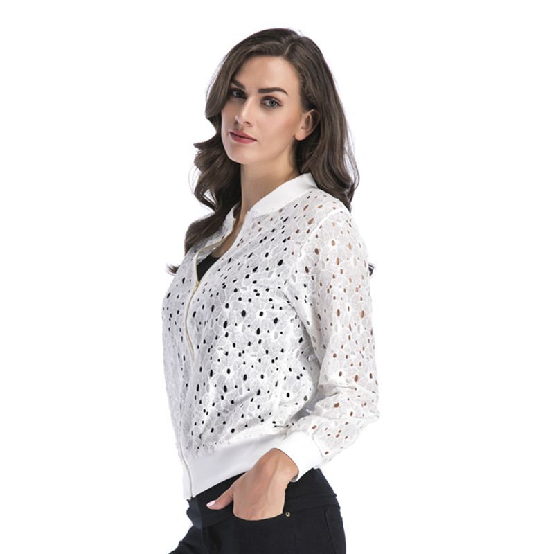 Lace hook-up hollow blouse, zipper cardigan, long-sleeved coat for women