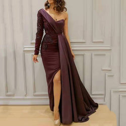 Dress dinner party shoulder temperament split fork and thin large size slim evening dress