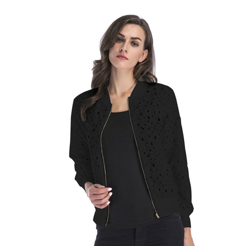 Lace hook-up hollow blouse, zipper cardigan, long-sleeved coat for women