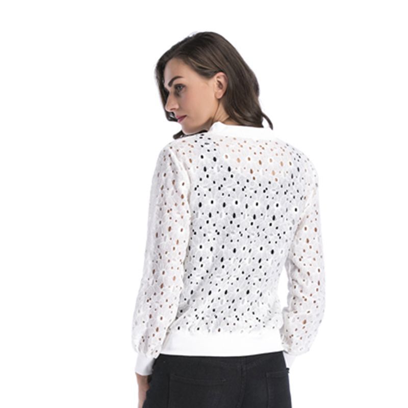 Lace hook-up hollow blouse, zipper cardigan, long-sleeved coat for women