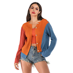 Sweater loose cardigan contrasting colors wear long-sleeved knitted sweater on both sides women