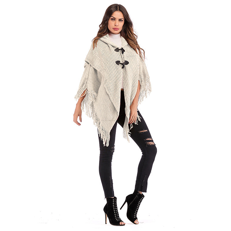 Corner Buckle Hooded Bat Sleeve Shawl Jacket Knitted Sweater Women