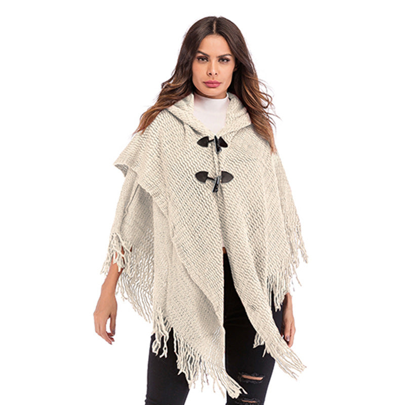 Corner Buckle Hooded Bat Sleeve Shawl Jacket Knitted Sweater Women