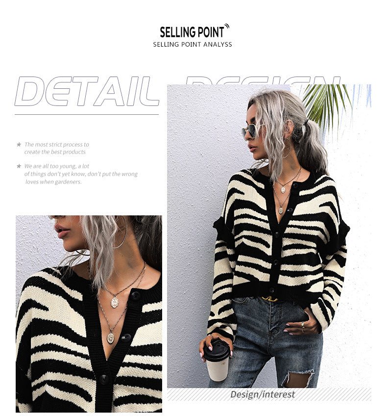 Knitted sweater jacket short contrasting striped cardigan short