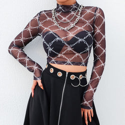 Mesh thorn print see-through black doublet