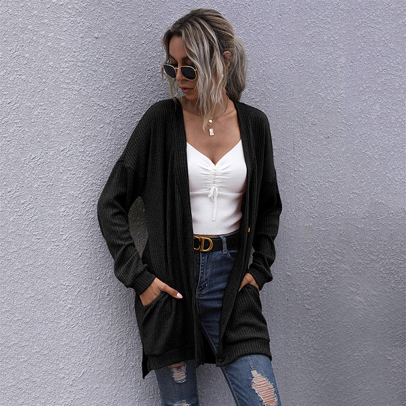 Lazy wind long-sleeved v-neck cardigan medium and long sweater jacket