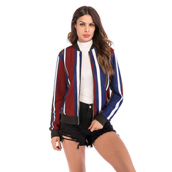 Color matching vertical striped baseball jacket zipper cardigan