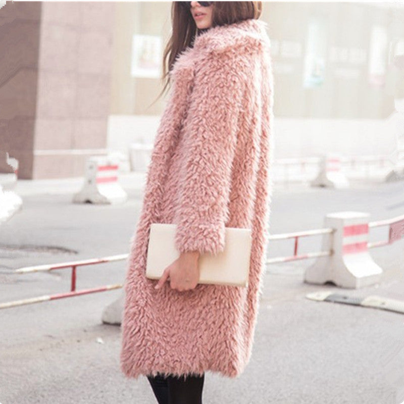 Stylish and elegant lamb wool long-sleeved coat lapel furry medium-length coat