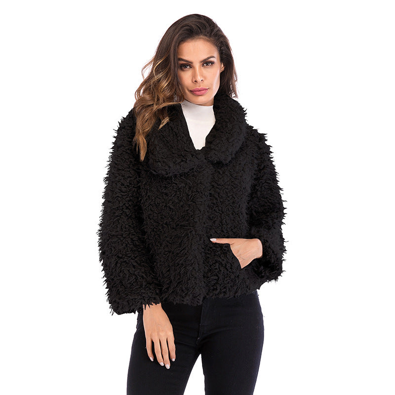 Lapel plush solid color top women's wide warm fashion long sleeves short outside