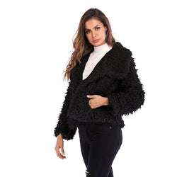 Lapel plush solid color top women's wide warm fashion long sleeves short outside