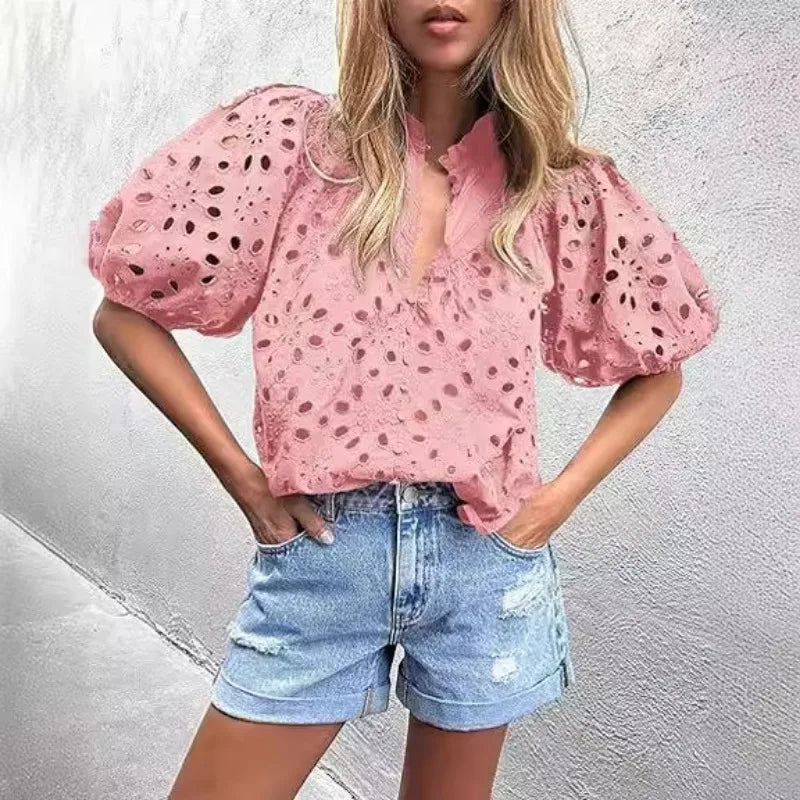 Hollow Lace Embroidered Lantern Sleeves Breathable Shirt Sweet Style Front Logo