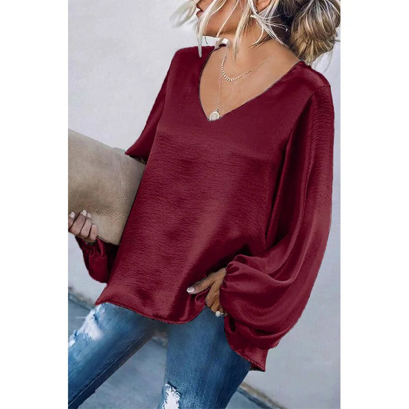 Soft V Neck Women Clothing Tops Long Sleeve Fashion Ladies' Blouses Silky korean clothes