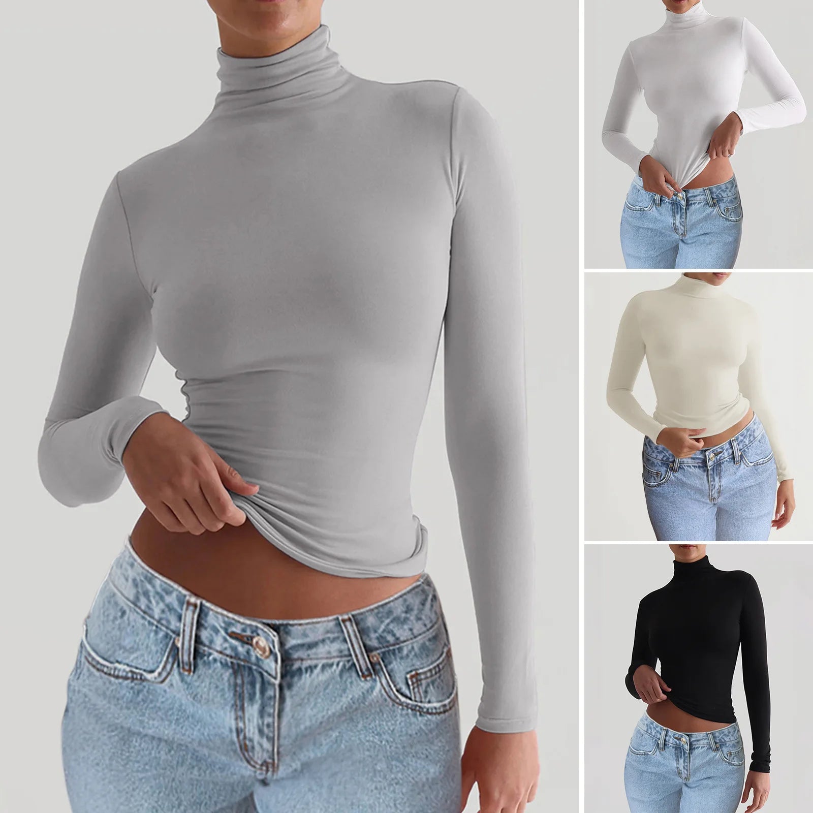 New Arrival High Collar Skinny Women Long Sleeve Top Soft Breathable Women Top