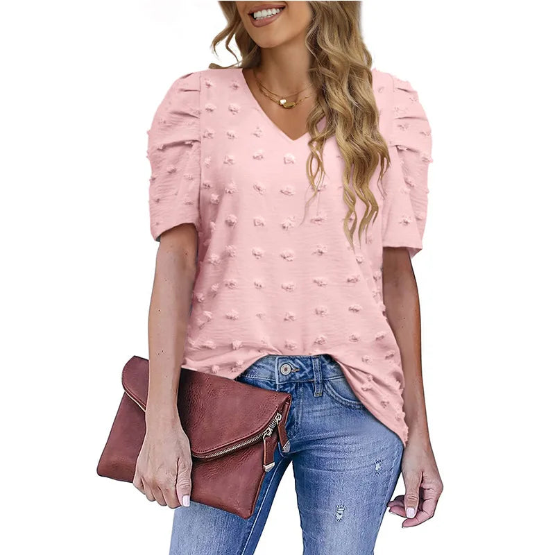 Summer V Neck Chiffon Shirt Puff Sleeve Women Blouse Plus Size Tops