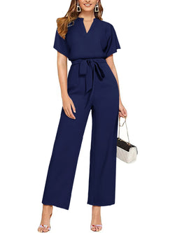 Casual Deep V Neck Short Sleeve Casual Loose Short Sleeve Belted Wide Leg Pant Romper Jumpsuits