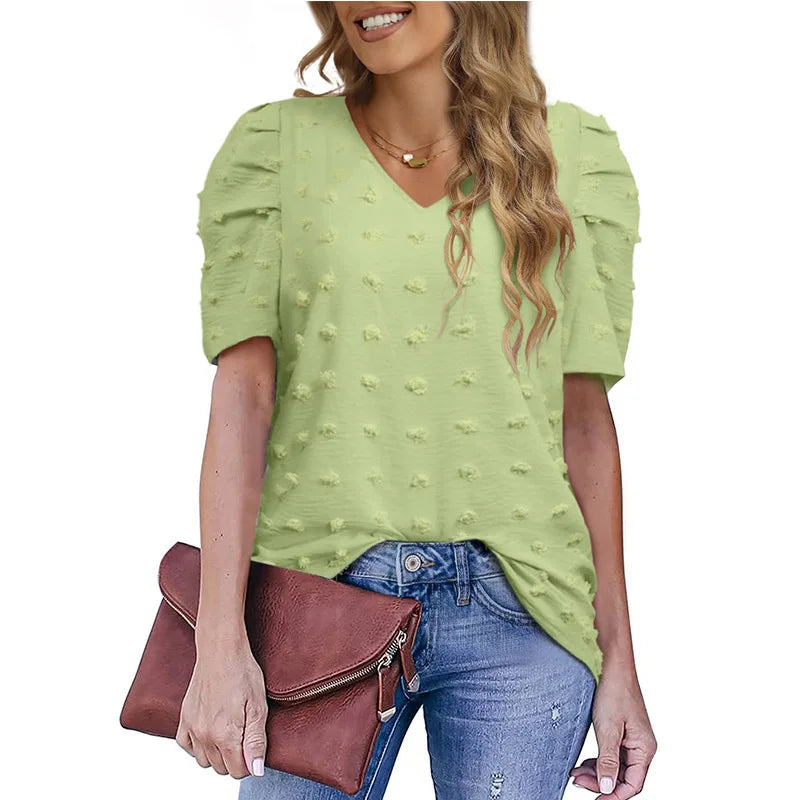 Summer V Neck Chiffon Shirt Puff Sleeve Women Blouse Plus Size Tops