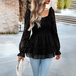 Smocking Elegant Women's Blouse Chiffon Lady Shirts