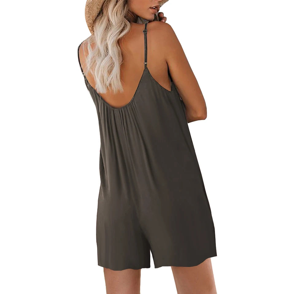 Women's Casual Jumpsuit Summer Sleeveless Cami Jumpsuit Straps Loose Adjustable Stretch Shorts Jumpsuit with Pockets