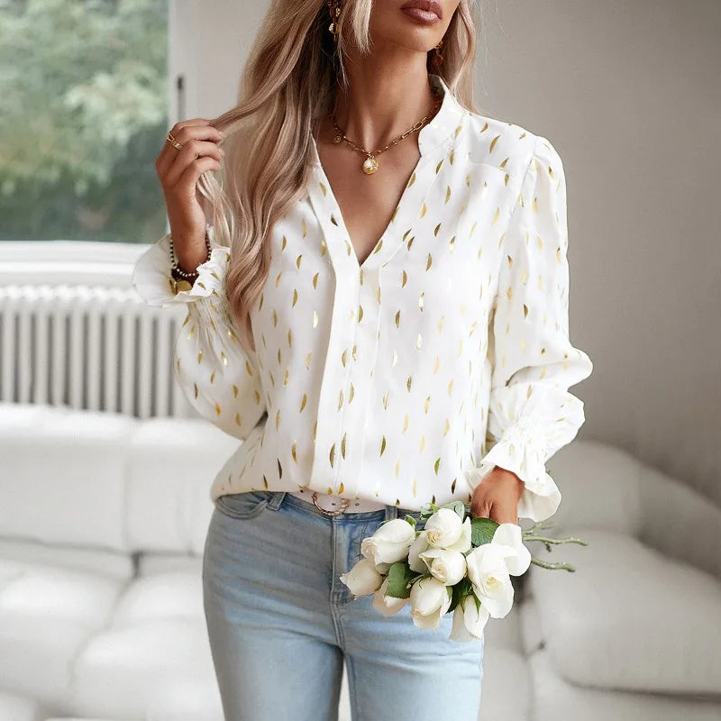 Sequined Women's Shirts V-neck Long Sleeve Blouse Top