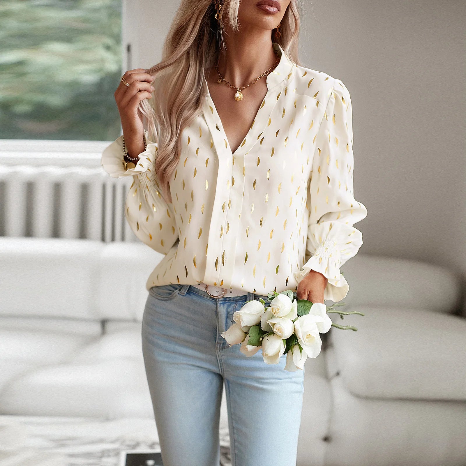 Sequined Women's Shirts V-neck Long Sleeve Blouse Top