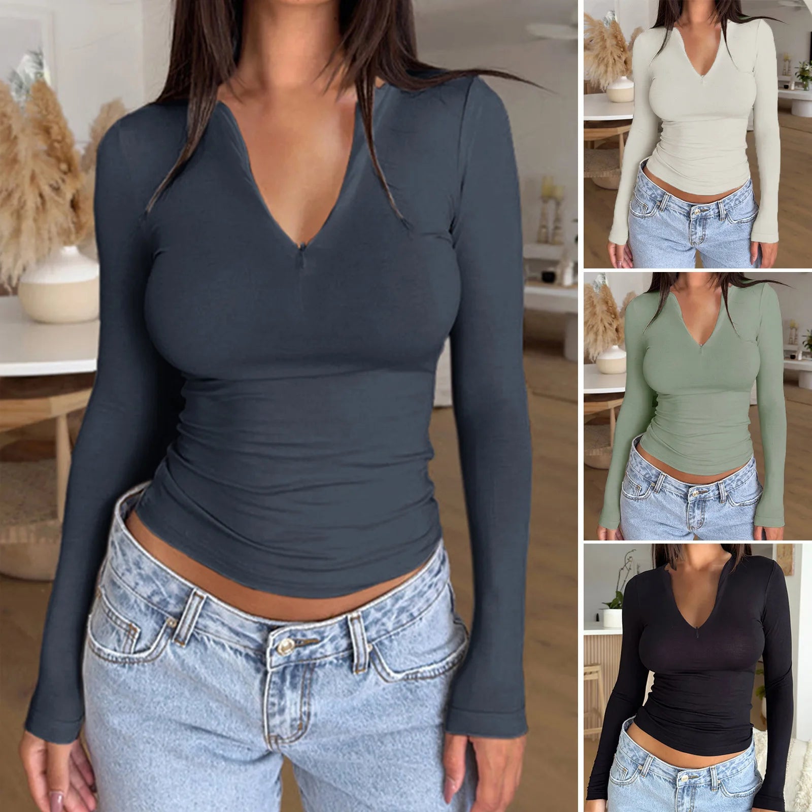 Wholesale Custom Design Breathable Mock Neck Deep V Zipper Front Tight Sexy Casual Tees T-Shirts