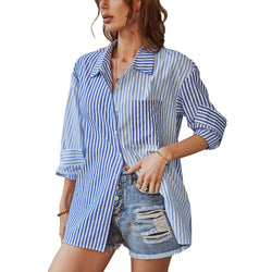 Long Sleeve Chiffon Shirt Contrasting Colors Striped Pocket Women Blouse