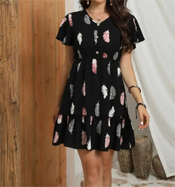 High quality New fashion Simple elegant printed feather button V-neck fold casual holiday holiday women's short skirt