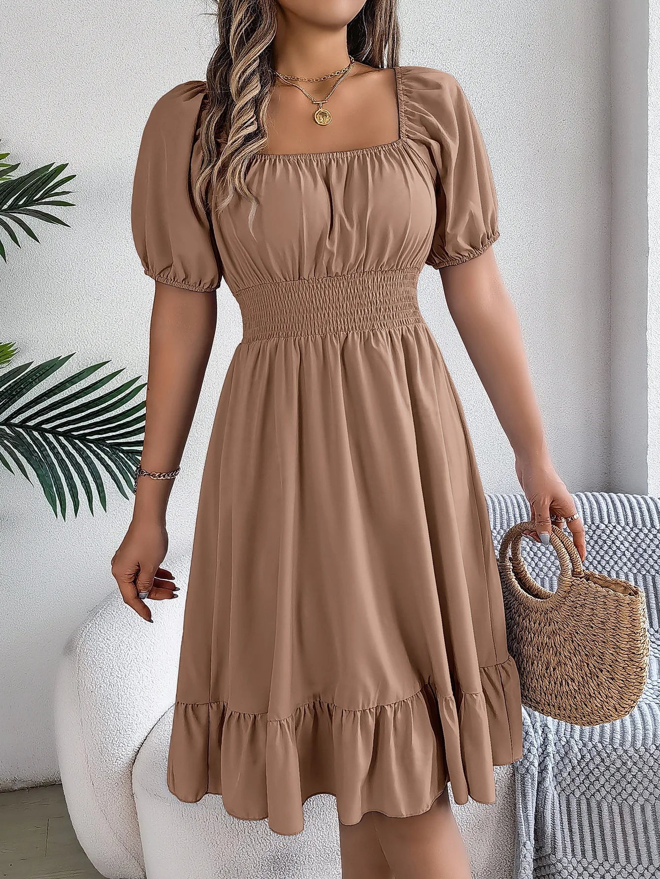 Dress Short Sleeve Puff Sleeve Long Flowy a Line Dresses Women's Summer Natural Trade Assurance Simple Adults