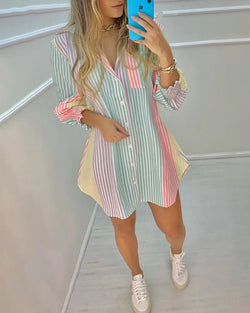 Long Sleeve Striped Shirts Blouse Women Button Shirt Dress Plus Size Clothing