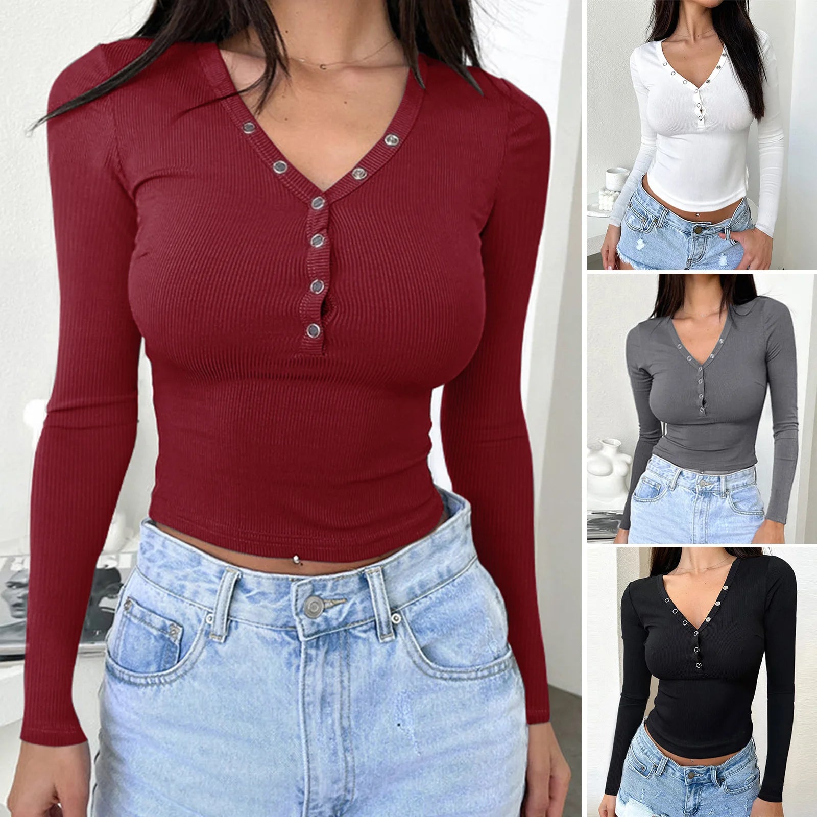 Y2K New Slim Fit Chest Buckle Button T Shirt Hollow Out Women's  V-Neck Crop Top Solid Color Long Sleeve