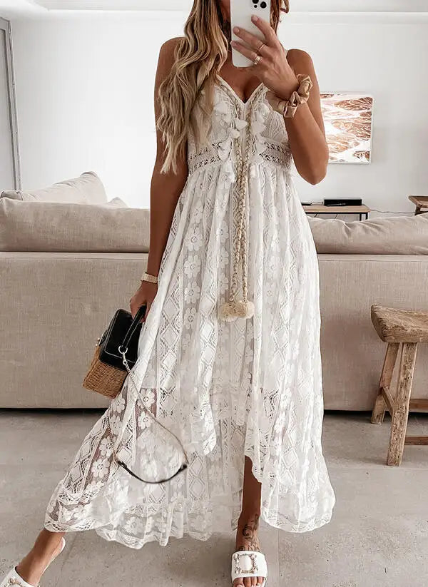 Summer casual European and American spice Girl temperament elegant hollow lace popular holiday travel MIDI dress