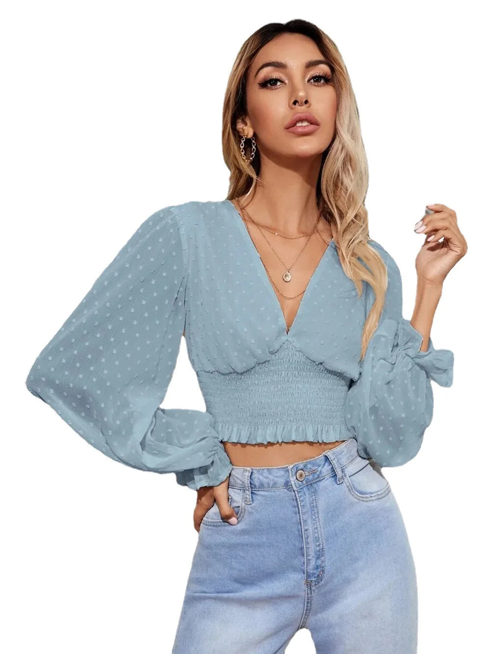 Long Sleeve V-neck Elastic Crop Top Polka Dot Chiffon Fashion Temperament Blouse Fashion Ladies' Blouses & Tops