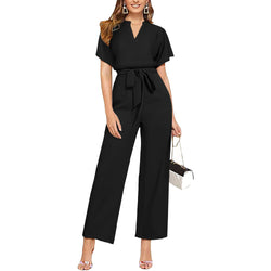 Casual Deep V Neck Short Sleeve Casual Loose Short Sleeve Belted Wide Leg Pant Romper Jumpsuits