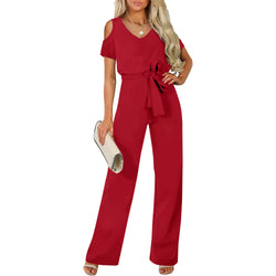 Fashion V Neck Loose Pants Casual Ladies Elegant Short Sleeve Rompers bodysuits for  Women Sexy One piece Jumpsuit