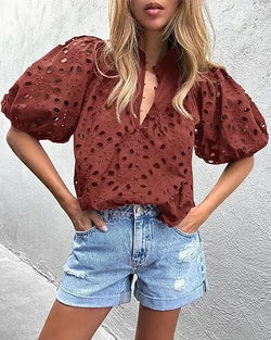 Hollow Lace Embroidered Lantern Sleeves Breathable Shirt Sweet Style Front Logo