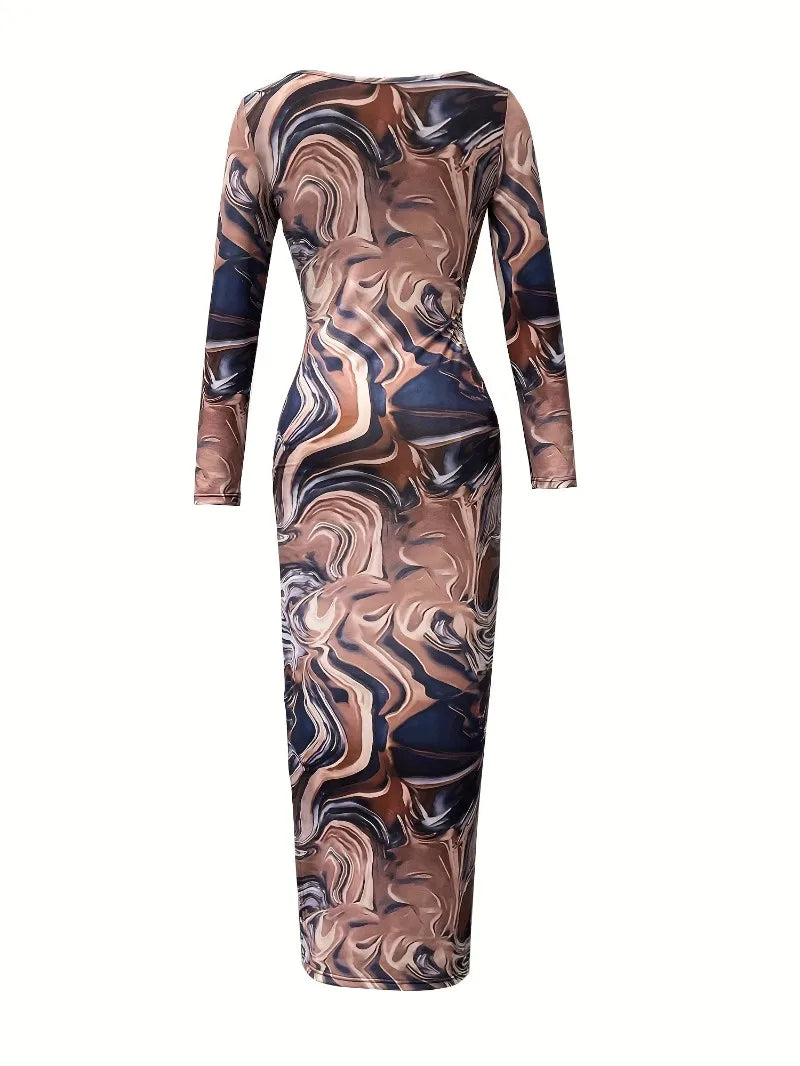 Sexy Low-cut Thigh Bodycon Dress Casual Tie Dye Split Print Slim-fit Elegant Long Sleeve Dress for women