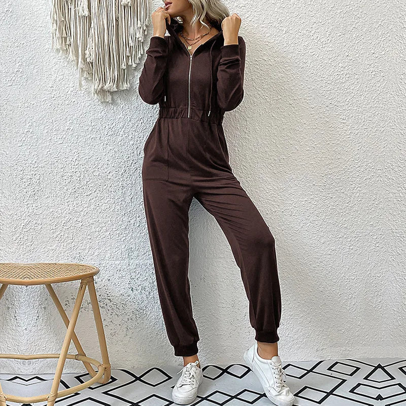 New Arrival Fall And Winter Women Clothing Ladies Solid Color Double Pocket Zip Half Placket Drawstring Hooded Jumpsuit