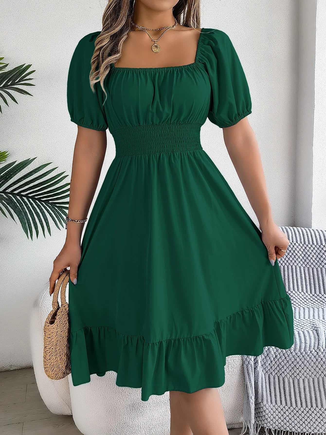 Dress Short Sleeve Puff Sleeve Long Flowy a Line Dresses Women's Summer Natural Trade Assurance Simple Adults