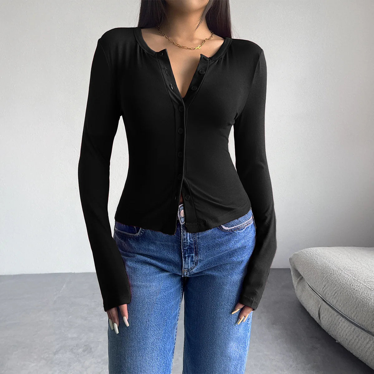 Long Sleeve Single Button Slim Solid Women'S Tops T-shirt Casual Clothes Fashion Manufacturer Y2K Streetwear Winter