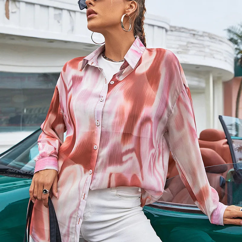 New Summer Women's Top Lapel Tie Dye Print Shirt Single Breasted Long Sleeve Loose Ladies Blouse