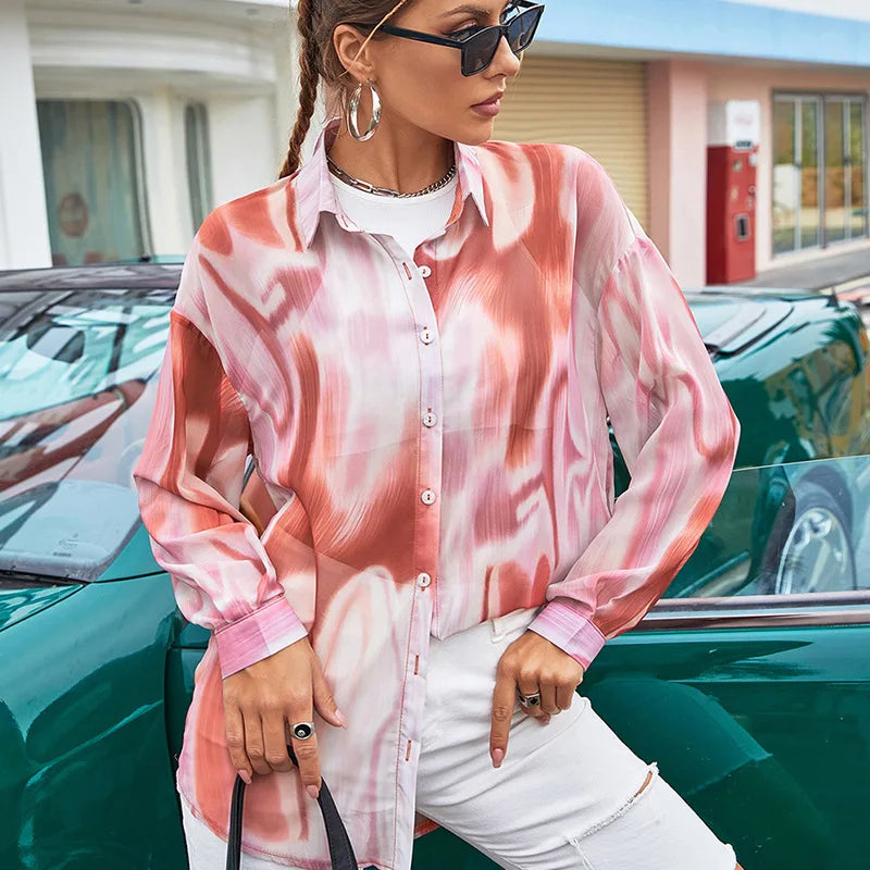 New Summer Women's Top Lapel Tie Dye Print Shirt Single Breasted Long Sleeve Loose Ladies Blouse