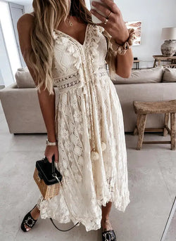 Summer casual European and American spice Girl temperament elegant hollow lace popular holiday travel MIDI dress