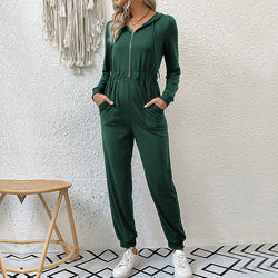 New Arrival Fall And Winter Women Clothing Ladies Solid Color Double Pocket Zip Half Placket Drawstring Hooded Jumpsuit