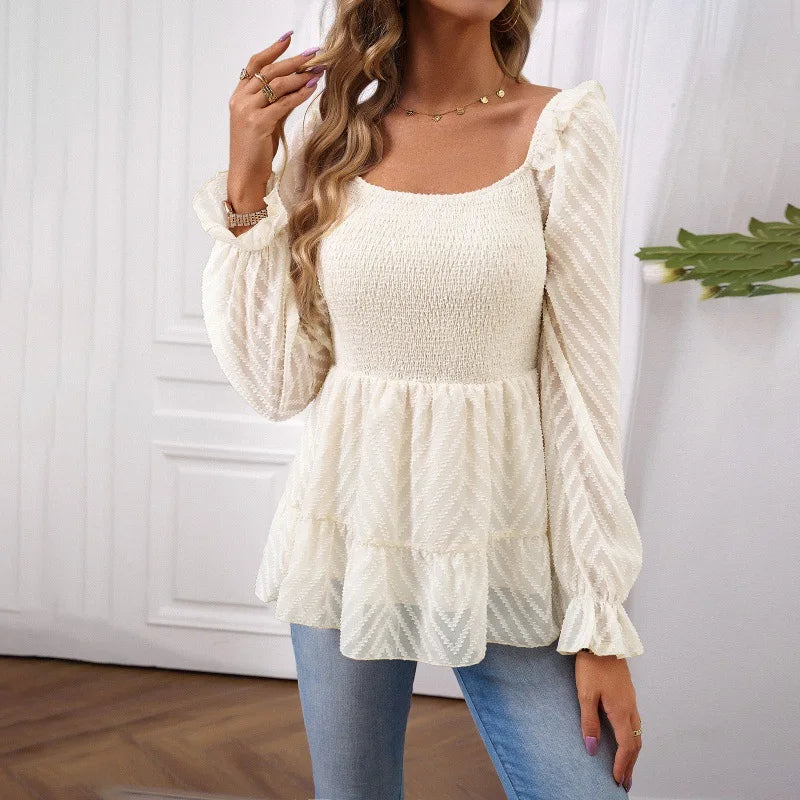 Smocking Elegant Women's Blouse Chiffon Lady Shirts